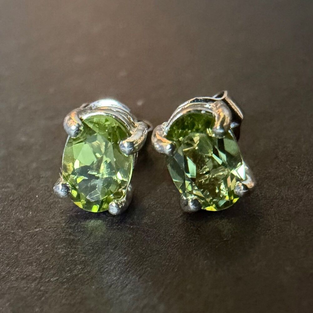 Natural Oval Peridot Sterling Silver Stud Earrings, Post 4x6mm .9g Signed RJ 925